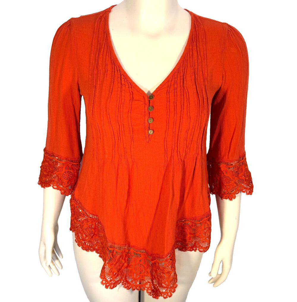 Venus Blouse Women's M Dark Orange Button V-Neck Pintucked Front Crochet Trim